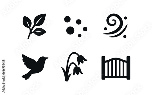 vector solid black filled icons transitional breeze (forest edge): swaying leaves dappled light dust swirl bird in flight bent flowers swinging gate.