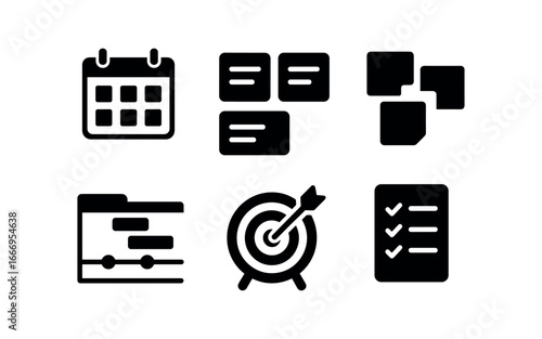 vector solid black filled icons visualization (planning tools): calendar board task cards sticky notes project timeline goal chart outline sheet.