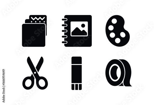 vector solid black filled icons notebook tabs (creative): patterned tabs sketchbook paints scissors glue stick washi tape.