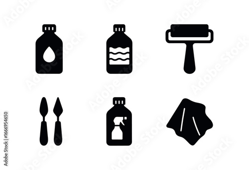 vector solid black filled icons ink roller (materials): oil based ink water based ink brayers palette knives cleaning solvent rags.