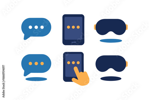 vector colorful filled icons texting late at night (typing bubble): bubble outline moving dots phone edge finger curve shadow smear sleep mask.