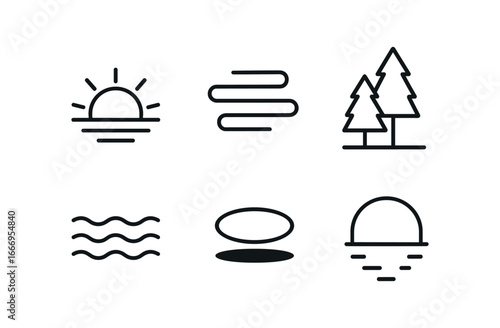 vector outline icons Backwater (sunrise mist): sun half mist haze water surface tree silhouettes shadow smear highlight rim.