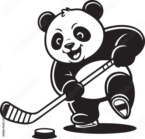 Cute cartoon panda playing ice hockey with a puck and stick