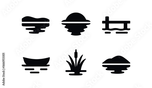 vector solid black filled icons stillness (calm water): still lake mirror surface lone pier small boat reed cluster distant hill.