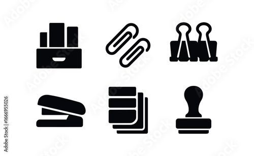 vector solid black filled icons desk organizer (drawer): compartments paperclips stapler binder clips sticky tabs stamps.