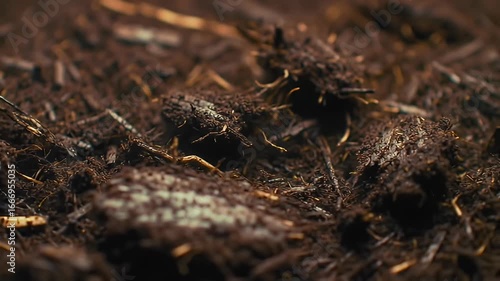 Close-up of dark brown, fibrous mulch with bits of light brown strands scattered
