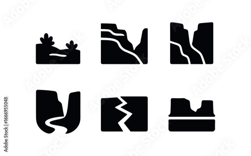 vector solid black filled icons gulch (wild canyon): sparse shrubs rock strata shadow wash highlight rim ground crack horizon line.