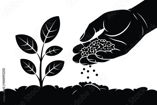 Hand fertilizing plant in soil black and white vector illustration