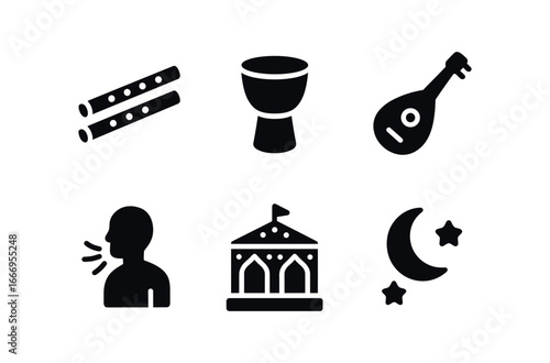 vector solid black filled icons cultural rites event (music): flutes hand drums string instruments chanting decorated stage evening sky.