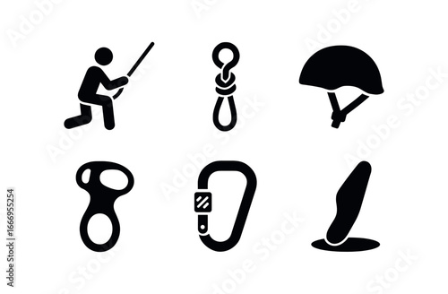 vector solid black filled icons wall climbing (rope belay): belayer stance rope anchor helmet icon descent device carabiner lock shadow smear.