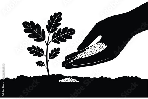 Hand Fertilizing Plant in Black and White Minimalist Illustration