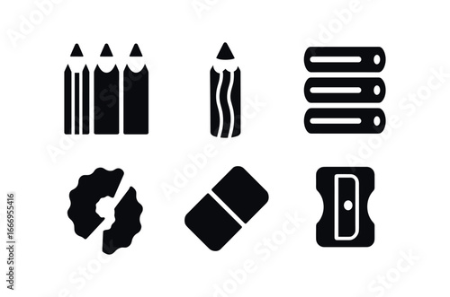 vector solid black filled icons color pencil set (close up): pencil tips wood grain color labels shavings eraser small sharpener.