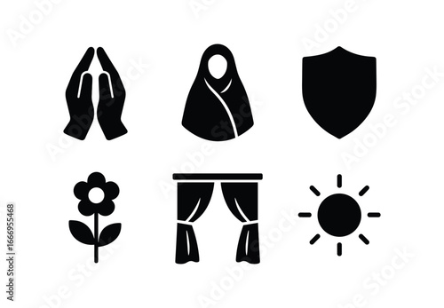 vector solid black filled icons modesty (symbols): closed hands folded cloak shield small flower curtain soft light.