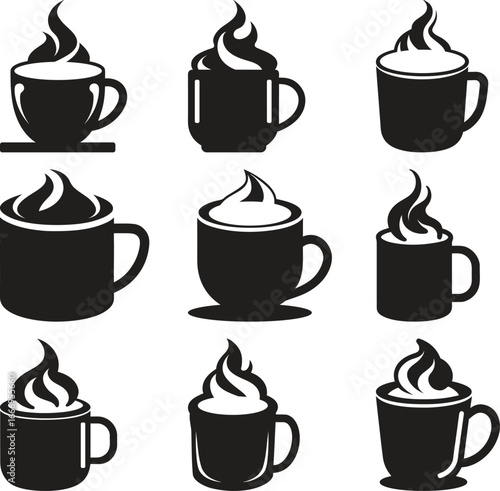 Collection of silhouetted hot beverage cups with whipped cream