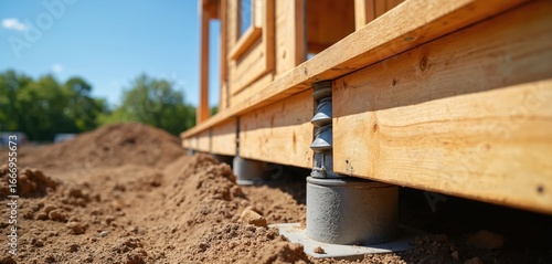 Wooden house under construction utilizes durable timber foundation secured by metal screw piles. Foundation features antiseptic treated wood beams supported by concrete bases on helical piers.