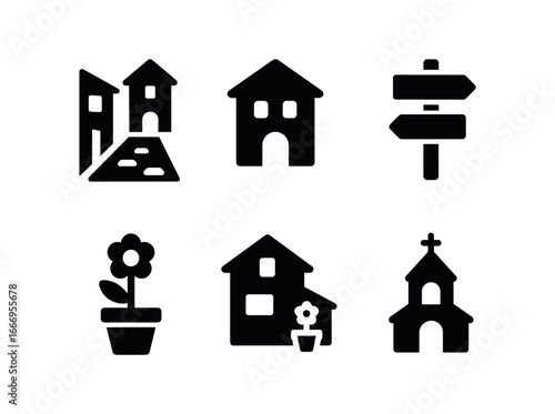 vector solid black filled icons evening stroll (mountain village): narrow lane stone houses warm wooden signs flower pots church bell tower.