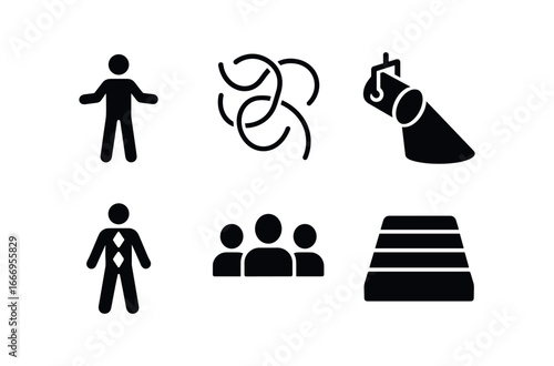 vector solid black filled icons rope juggling (stage): performer multiple ropes in motion spotlight colorful costume audience wooden floor.