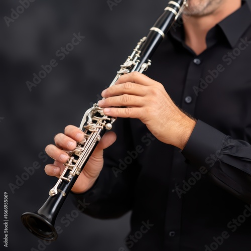 Musician Playing Clarinet with Passion and Focus in Studio Setting
