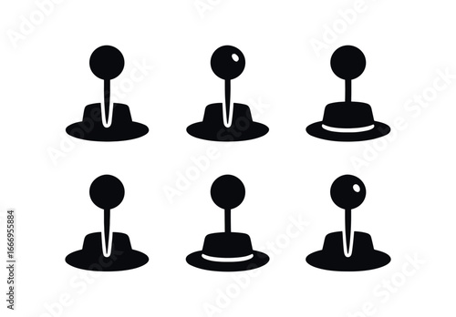 vector solid black filled icons milliner (hat pin): pin head shaft line hat brim shadow smear highlight rim light dot.