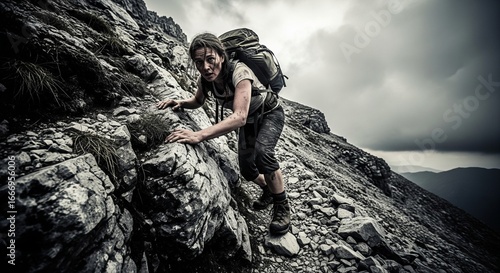 Arduous An exhausted, determined hiker struggles up an arduous, rocky mountain trail under a dark, cloudy sky.