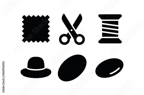 vector solid black filled icons milliner (fabric swatch): swatch squares scissors icon thread spool hat outline shadow smear highlight rim.