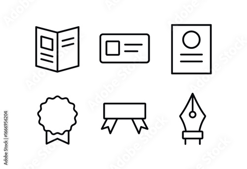 vector outline icons company rebranding (marketing collateral): brochure icon business card poster outline stamp badge ribbon pen tip.