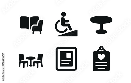 vector solid black filled icons belonging (inclusive spaces): reading nook accessible ramp round table open seating bulletin board invitation poster.
