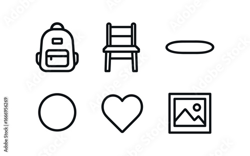 vector outline icons Empty nest phase (child absence): school backpack empty chair shadow smear highlight rim heart outline photo frame.