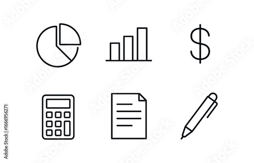 vector outline icons budget review session (expense chart): pie chart bar graph dollar sign calculator document icon pen.