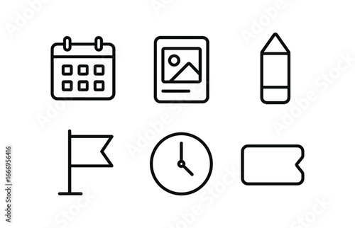 vector outline icons social media strategy (content calendar): monthly grid icon pencil tip publish flag clock dot label stripe.