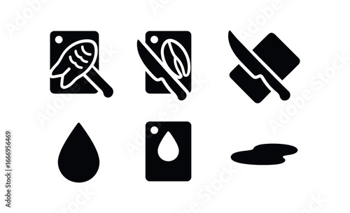 vector solid black filled icons chopping board and knife (fish fillet): fish scale fillet slice knife curve oil sheen board water droplet shadow smear.