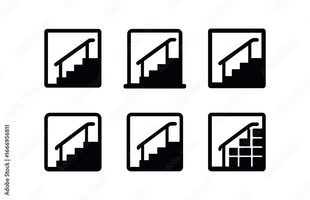 Obraz premium vector solid black filled icons entrance (stair descent): stairs icon railing line shadow smear light rim tile pattern handrail.