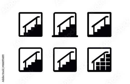 vector solid black filled icons entrance (stair descent): stairs icon railing line shadow smear light rim tile pattern handrail.