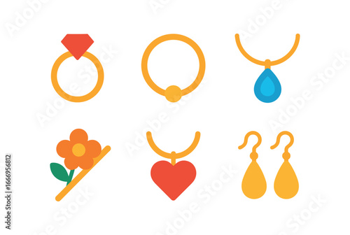 vector colorful flat filled icons goldsmith (finished items): rings bracelets necklaces brooches pendants earrings.