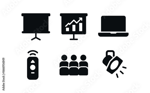 vector solid black filled icons visualization (presentation scene): projector screen chart display laptop remote pointer audience seats stage light.
