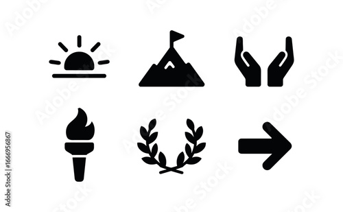vector solid black filled icons empowerment (symbols): rising sun mountain peak open hands torch flame laurel wreath bold arrow.