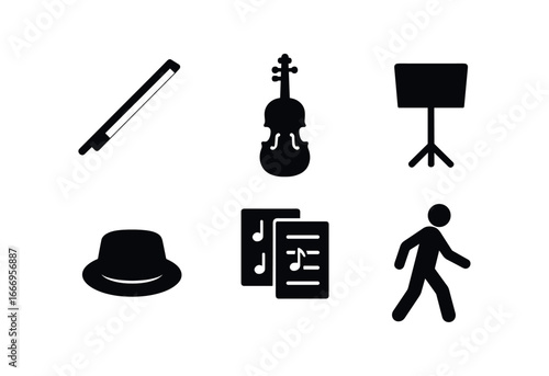 vector solid black filled icons street musician (violin solo): violin bow instrument body music stand hat tip sheet music passerby icon.