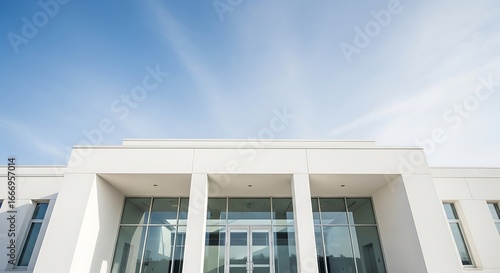 Wallpaper Mural Low-angle view of a modern white building with a glass entrance against a vast blue sky. Torontodigital.ca