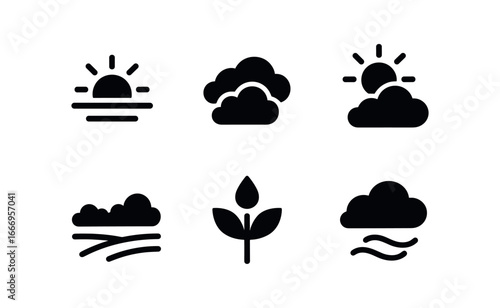 vector solid black filled icons passing clouds season (sunrise): golden sky drifting clouds warm glow quiet field morning dew soft air.
