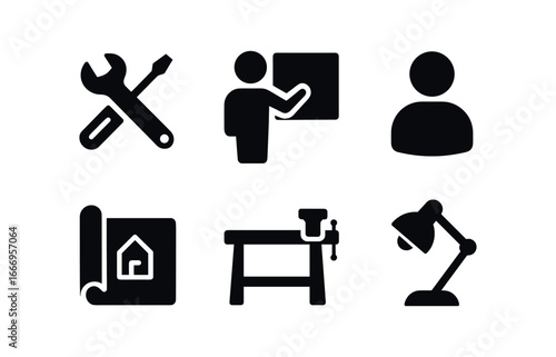 vector solid black filled icons learning internship (workshop): tools instructor student blueprint workbench lamp.