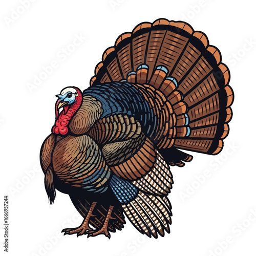 Detailed wild turkey illustration in flight