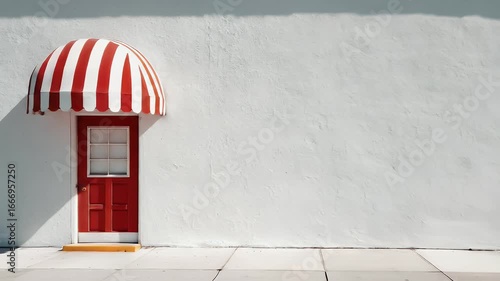 Red and white striped awning over a red door on a white wall