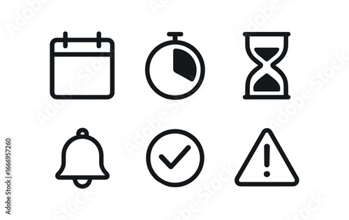 vector outline icons project deadline countdown (calendar timer): date box countdown dial hourglass alert bell check line warning triangle.