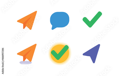 vector colorful filled icons waiting for reply (message sent): paper plane chat bubble check mark shadow smear glow rim arrow tip.