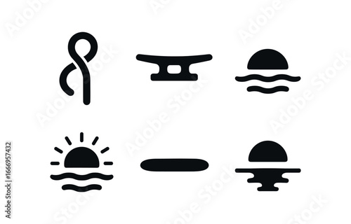 vector solid black filled icons wooden dock sunset (boat mooring): boat rope cleat hook water glow sunset sky shadow smear light rim.