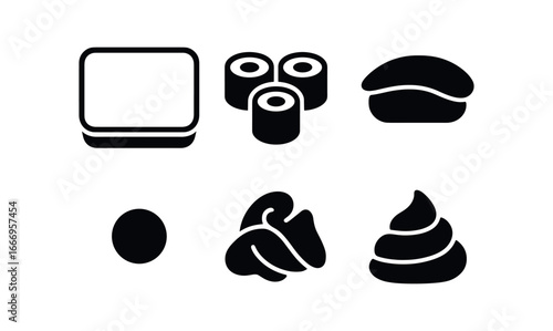 vector solid black filled icons bento box meal (sushi rolls box): box outline maki rolls nigiri icons wasabi dot pickled ginger highlight rim.