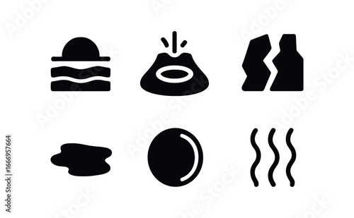 vector solid black filled icons Volcanologist (magma chamber): underground layer magma pool fault line shadow smear highlight rim heat waves.