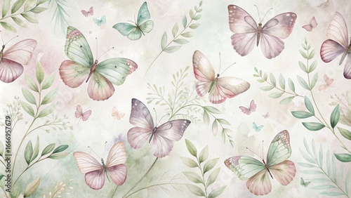 Pastel Butterflies and Botanicals A Delicate Watercolor Print Featuring Many Butterflies and Greenery