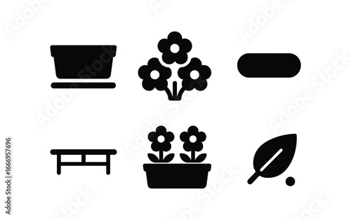 vector solid black filled icons cafe patio scene (planter boxes): planter outline flower clusters shadow smear light rim railing line leaf dot.