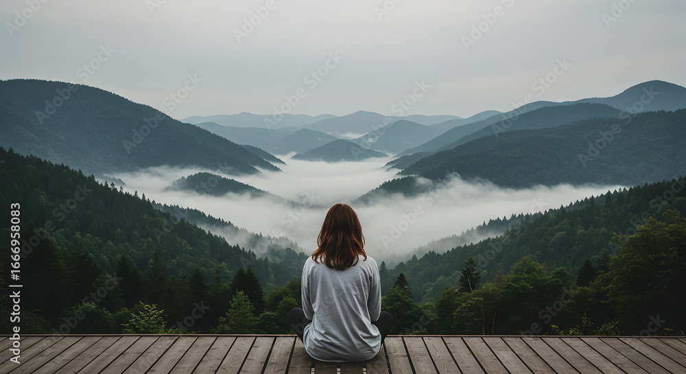 Fototapeta premium Woman sitting on deck overlooking misty mountain valley peaceful serene nature landscape view contemplation tranquility
